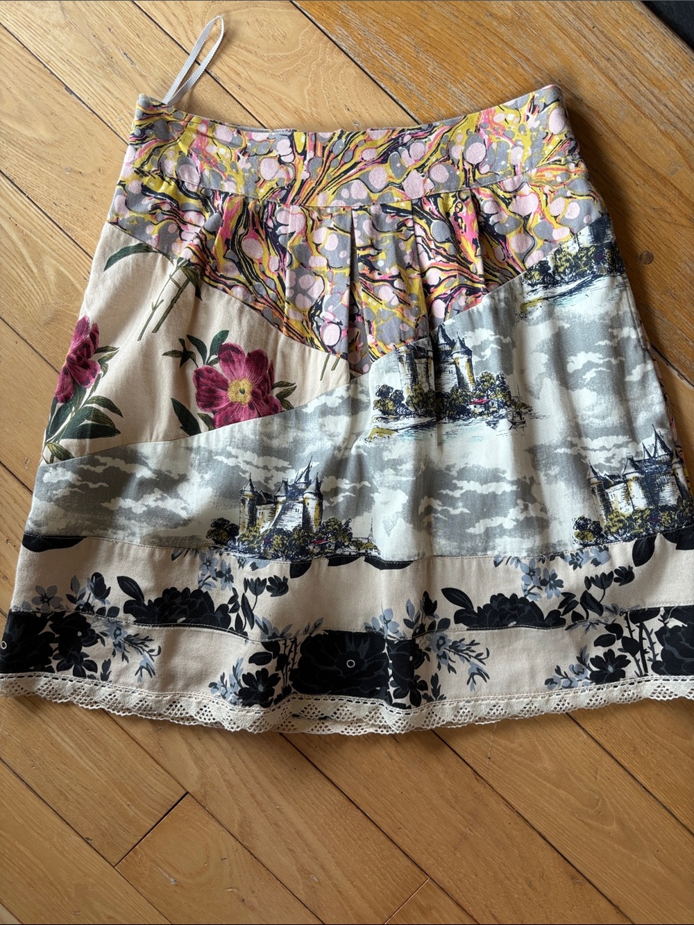 Bohemian Patchwork Mini Skirt in Cream and Pink